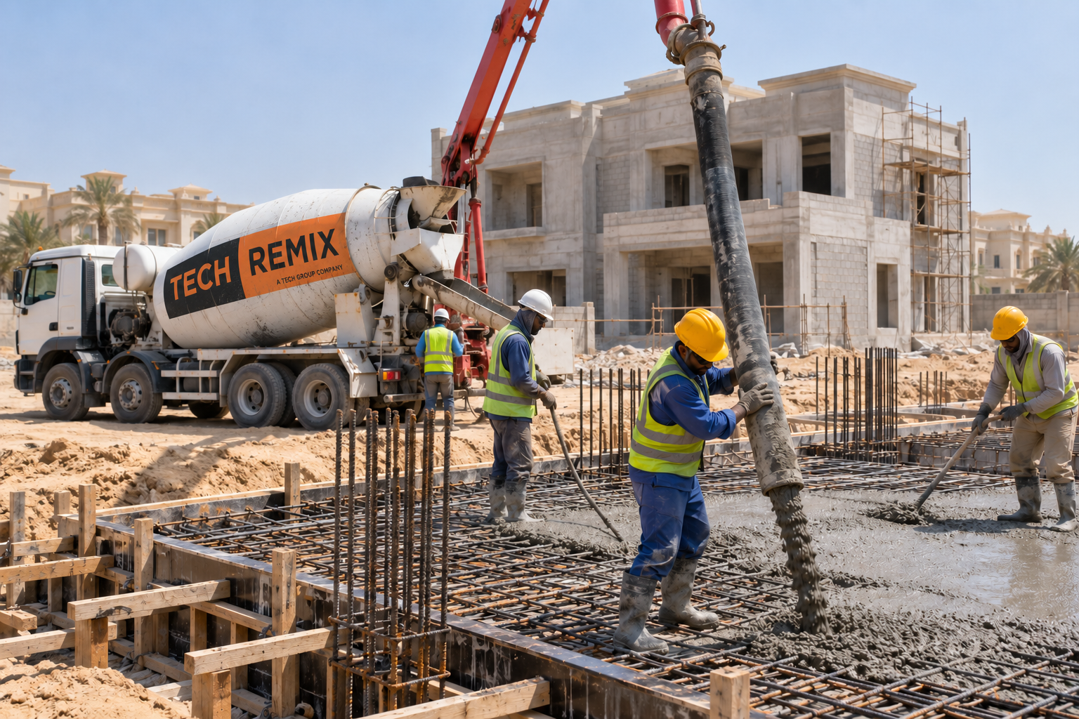 Illustrative mixer truck and pump pouring concrete with workers