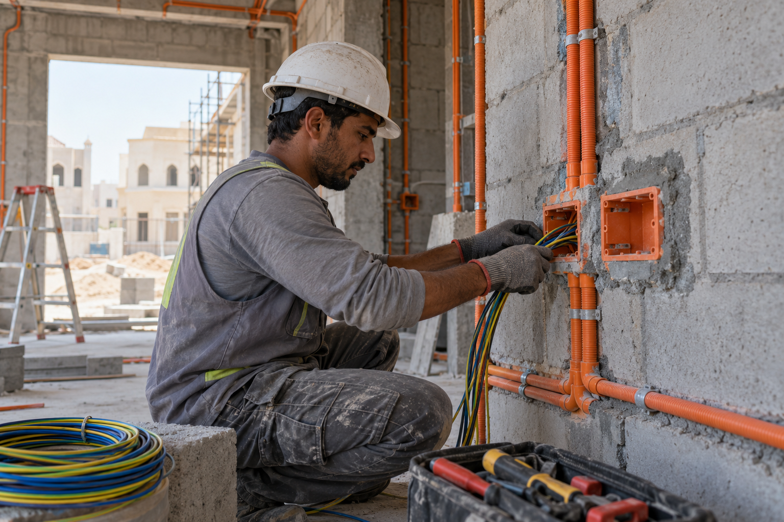 Illustrative electrician installing conduit and wiring