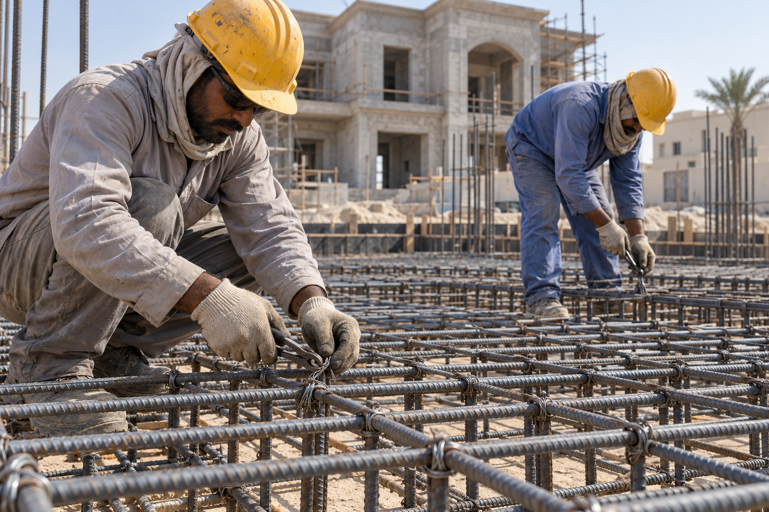 Illustrative steel fixers tying reinforcement bars with binding wire